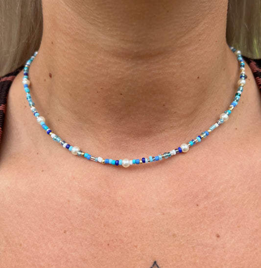 Blue Mix Seed Bead + Pearl Necklace