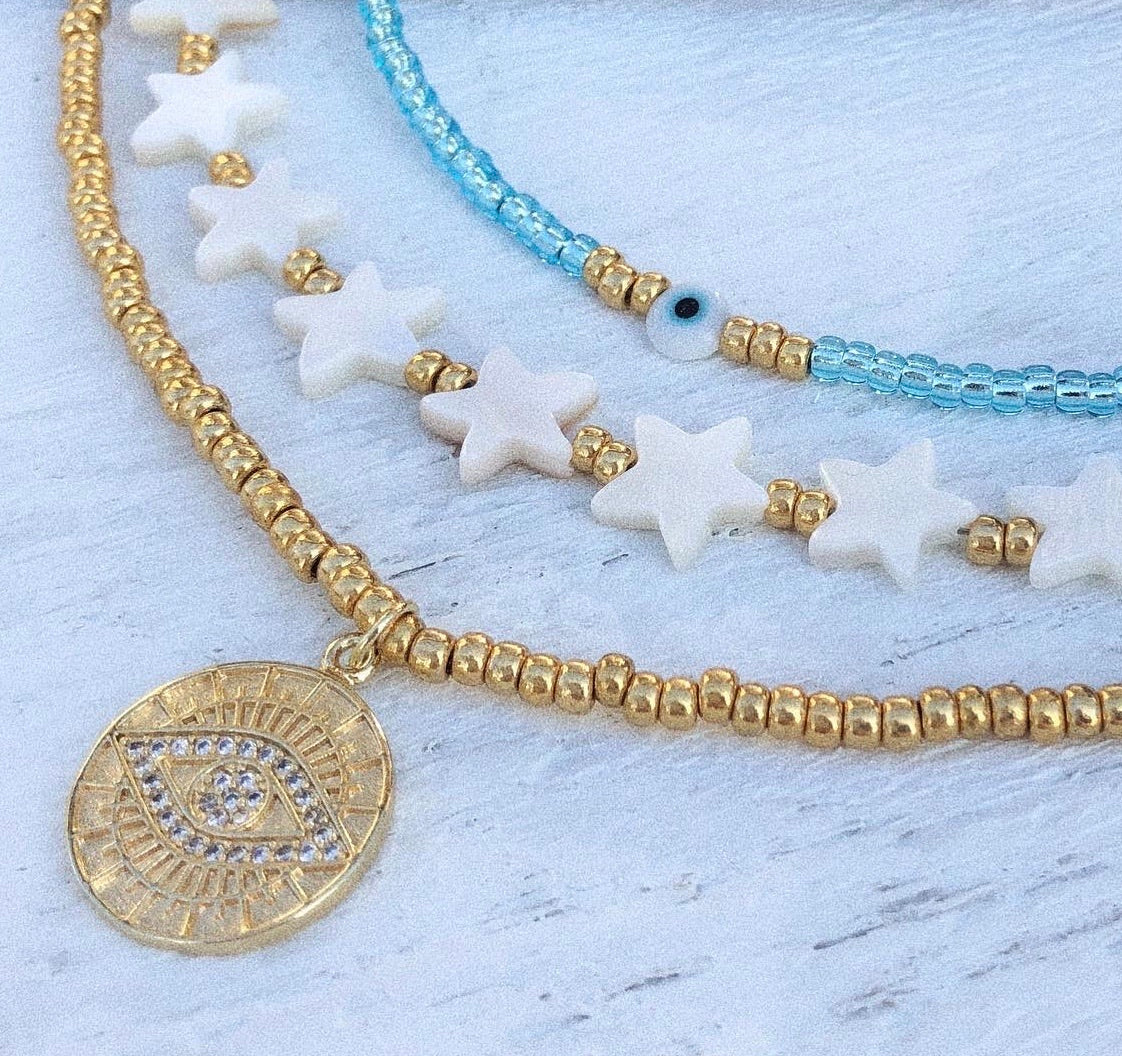 Gold Eye Coin Charm Necklace