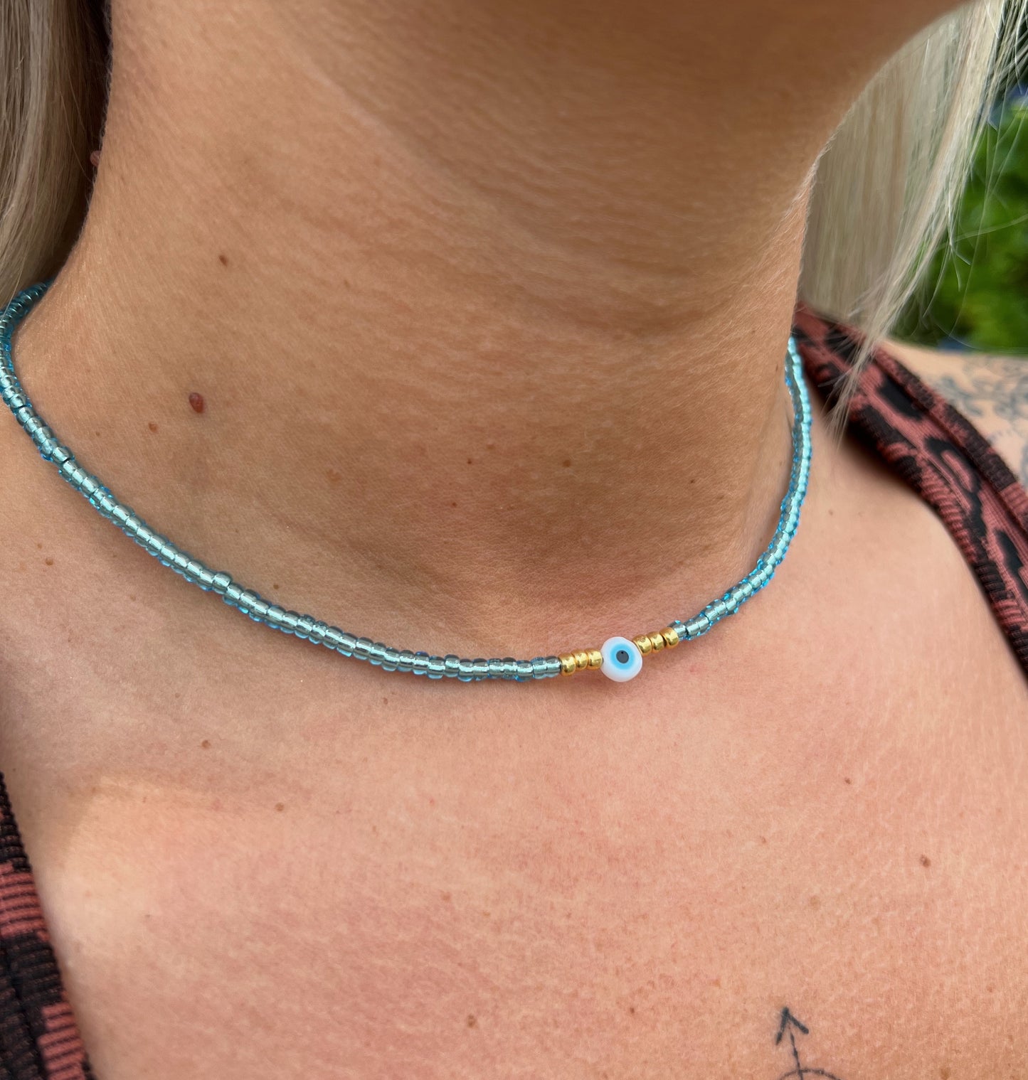 Aqua + Gold Evil Eye Necklace