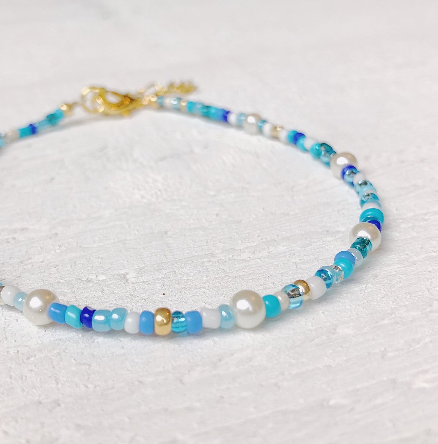Blue Seed Bead Mix + Pearl Anklet