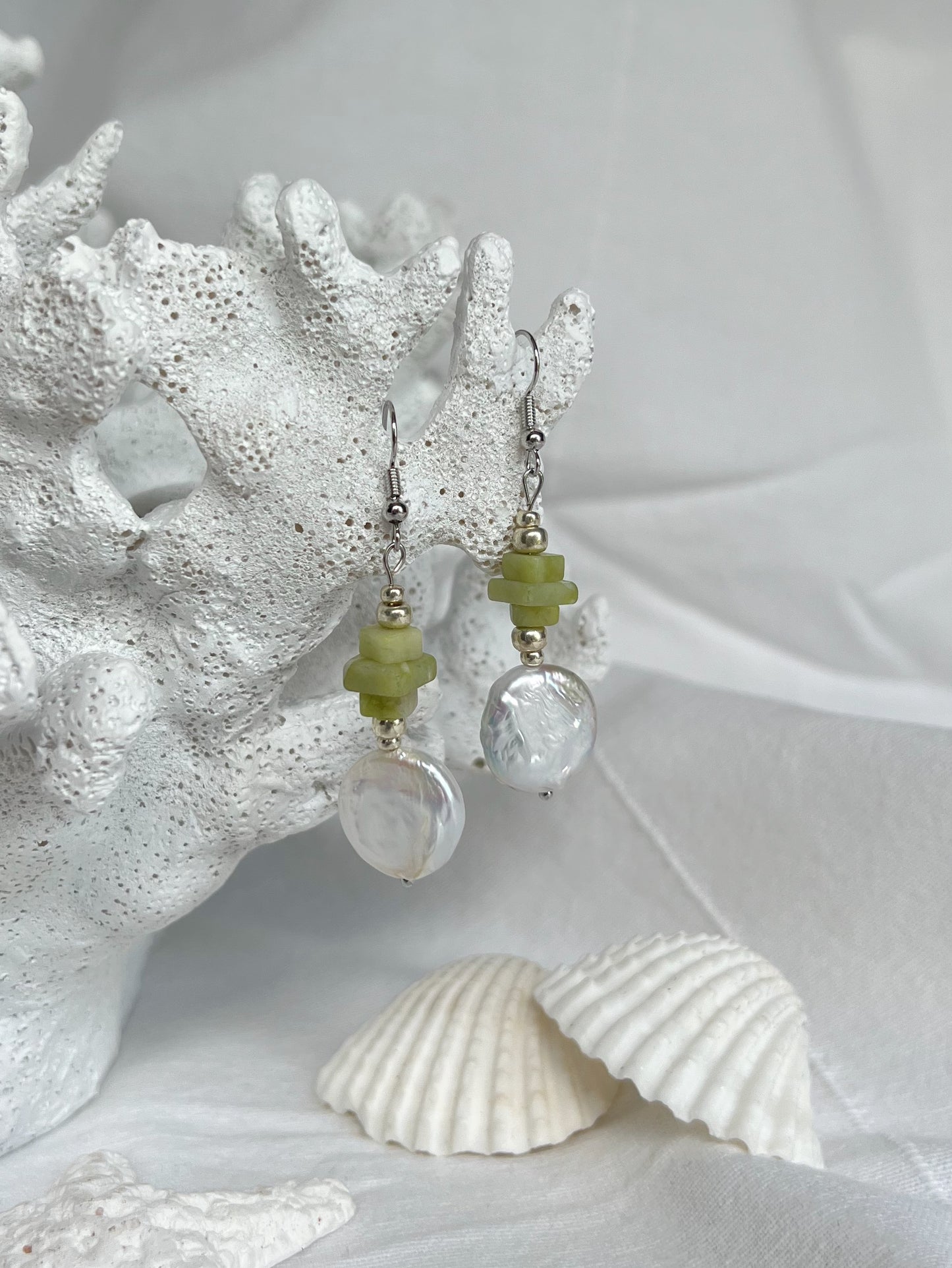 Green & Pearl Earrings - Silver
