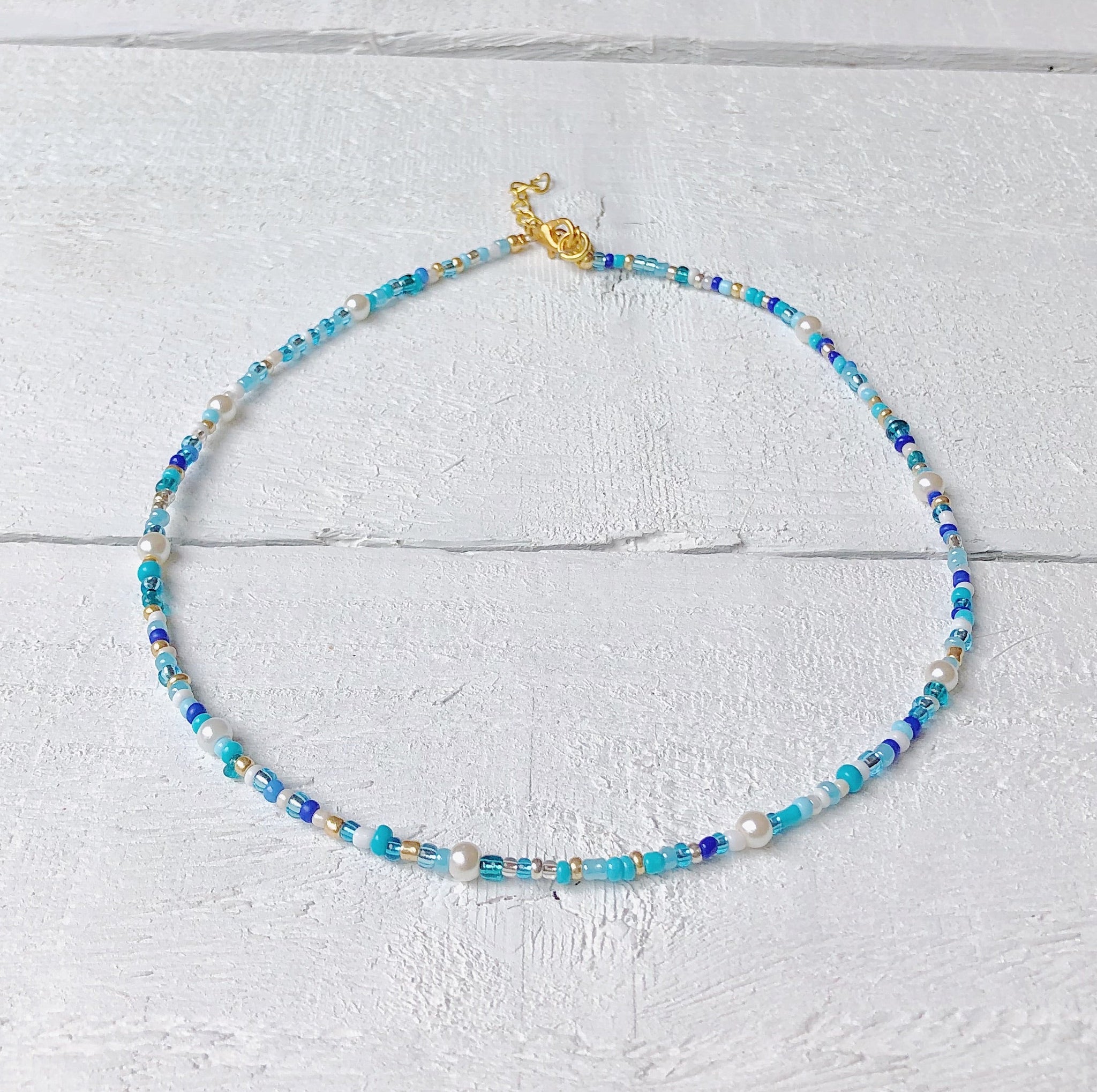 Blue Mix Seed Bead + Pearl Necklace