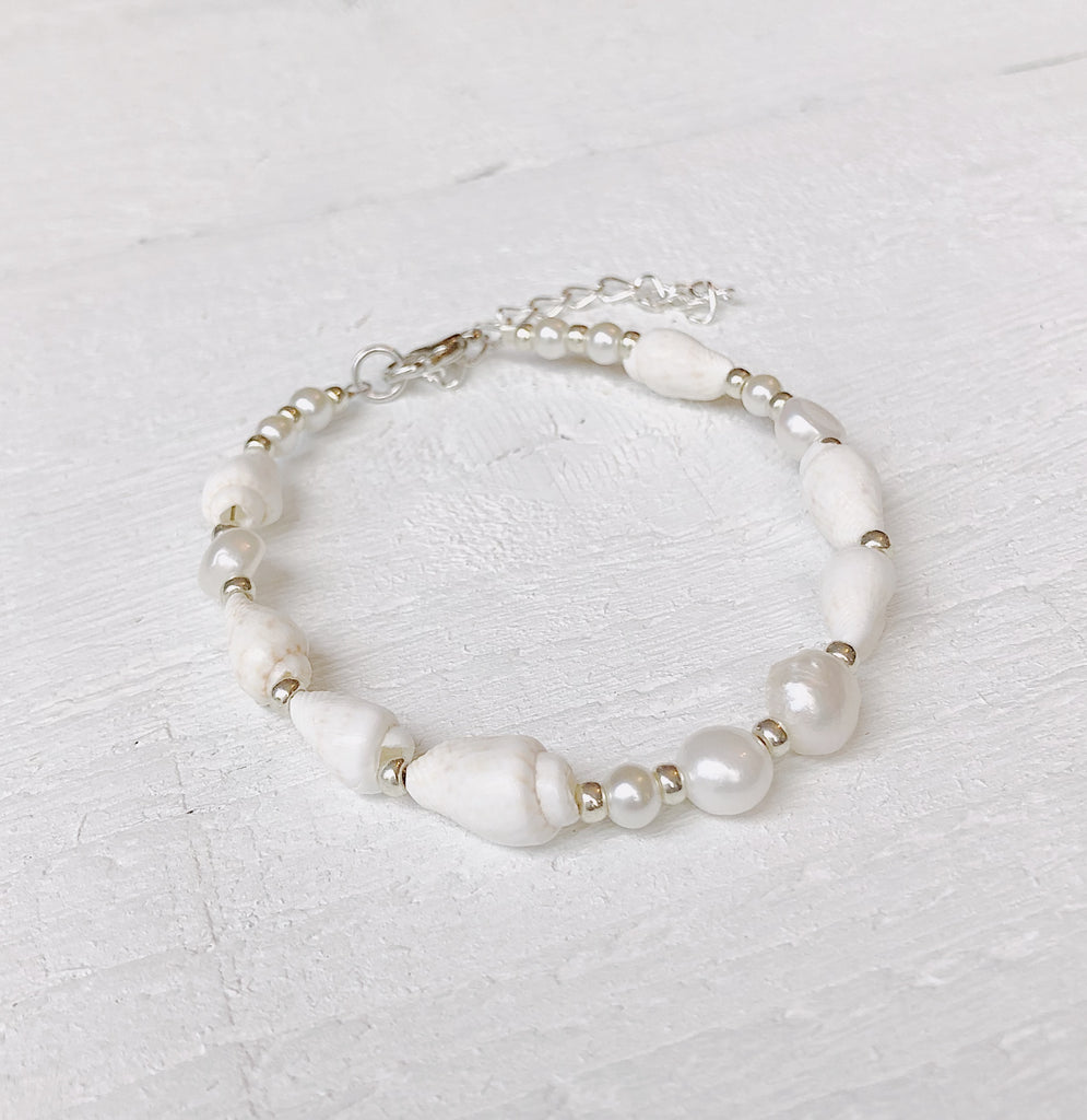 Shell, Freshwater Pearl + Silver Bracelet