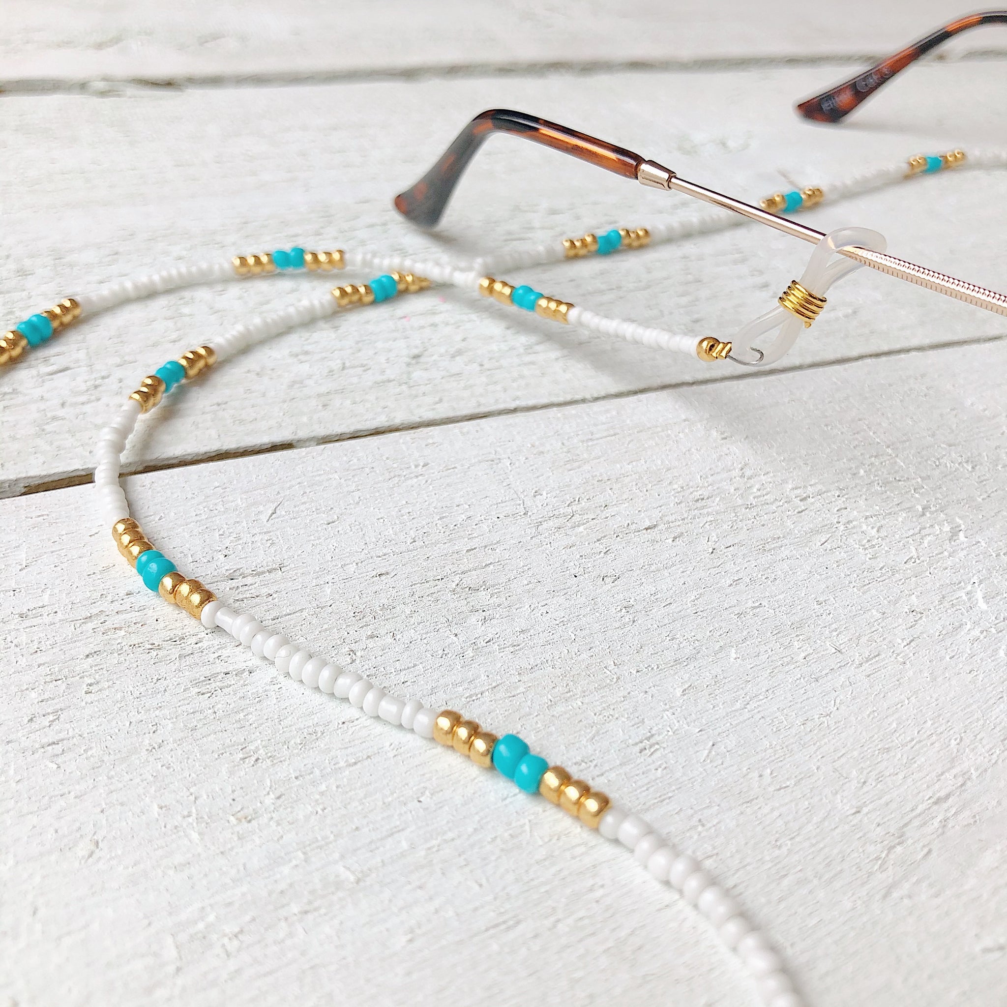 White, Turquoise + Gold Sunglasses Chain